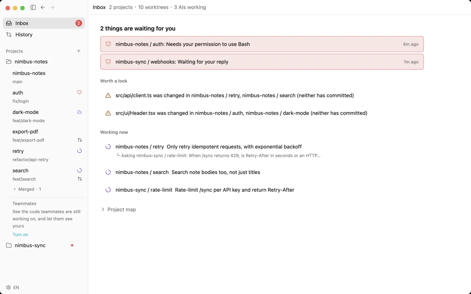 gtree の Inbox 画面(英語表示):あなた待ちが 2 件、2 つの worktree で同時に変更中のファイルが 2 つ、作業中のエージェントが 3 つ